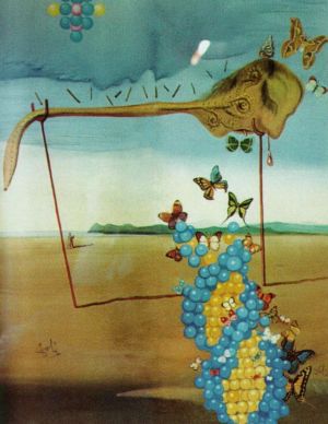 当代油画作品《蝴蝶风景,带,DNA,的超现实主义风景中的伟大自慰者》