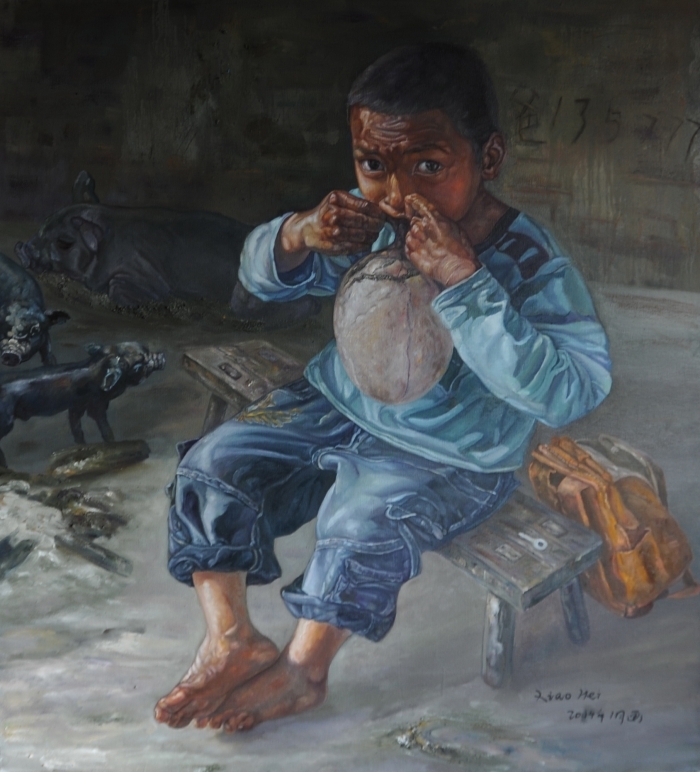 蔡人窗 当代油画作品 -  《尿泡的哈尼少年吹》