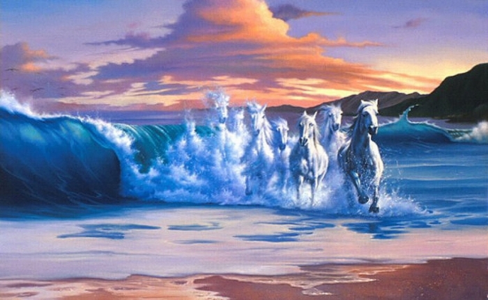 Jim Warren 当代油画作品 -  《马匹冲出波浪》