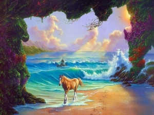 当代油画作品《海浪边的马》