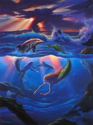 当代油画 - 《美人鱼和海豚》