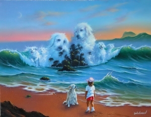 当代油画 - 《狗在海里》