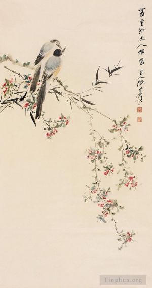 张大千的当代艺术作品《花枝丛中的鸟儿》