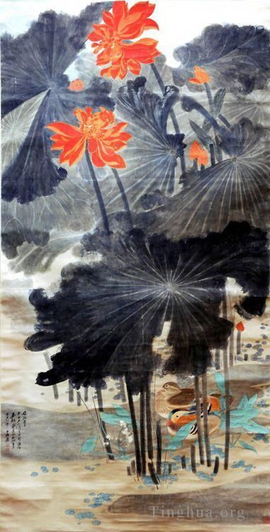 张大千 当代书法国画作品 -  《荷下鸳鸯,1947》