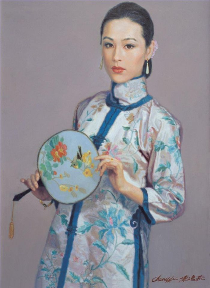 陈逸飞 当代油画作品 -  《拿着扇子的女孩》