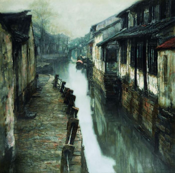 陈逸飞 当代油画作品 -  《水乡·古镇水街》