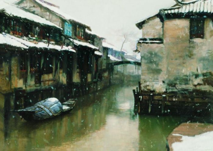 陈逸飞 当代油画作品 -  《水乡·下雪的日子》
