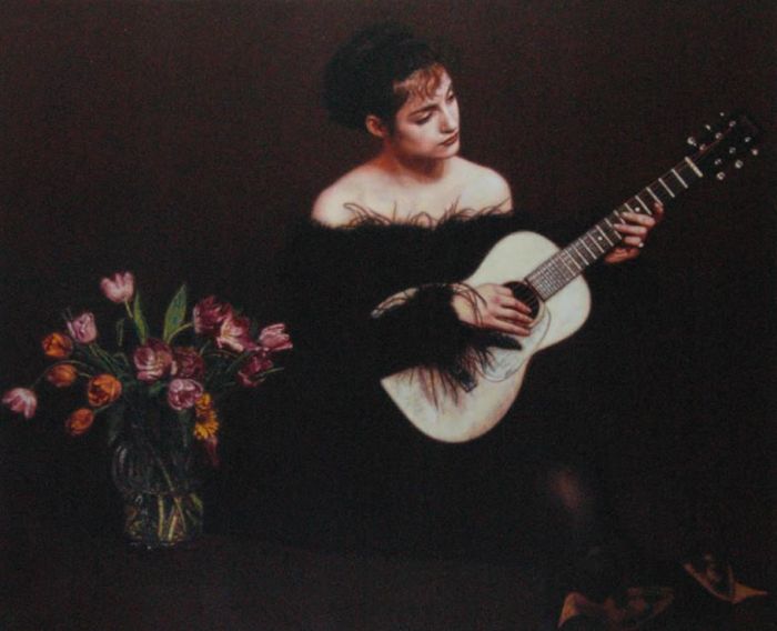 陈逸飞 当代油画作品 -  《吉他弹的女子》