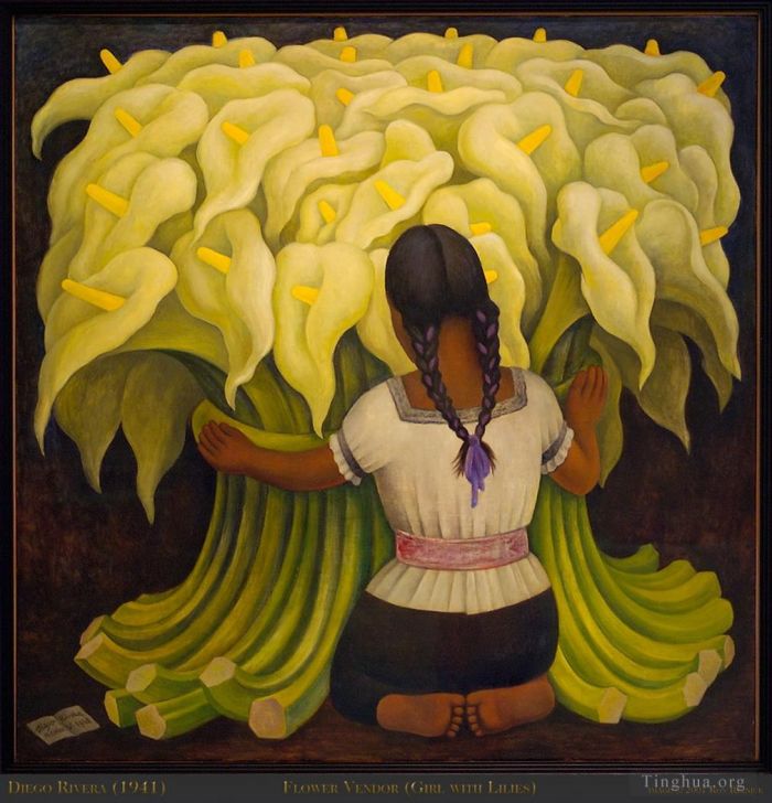 迭戈·里维拉 当代油画作品 -  《女孩与百合花》
