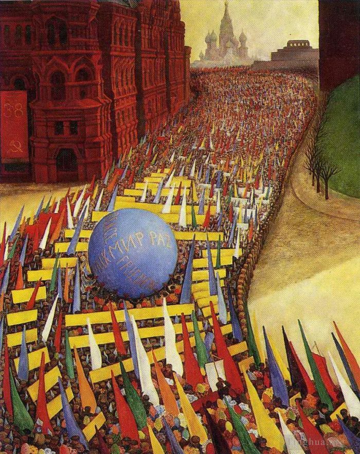 迭戈·里维拉 当代油画作品 -  《1956年莫斯科五一节游行》