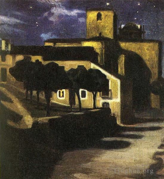 迭戈·里维拉 当代油画作品 -  《1907,年阿维拉夜景》