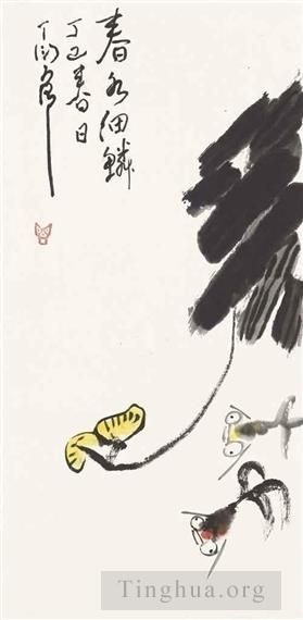 丁衍庸 当代书法国画作品 -  《春天里的金鱼和花,1977》