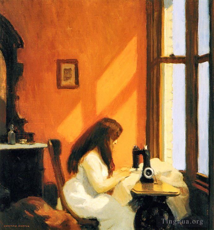 爱德华·霍普 当代油画作品 -  《缝纫机前的女孩》