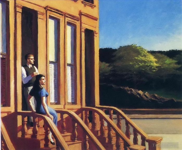 爱德华·霍普 当代油画作品 -  《阳光照射在赤褐色砂石建筑上》
