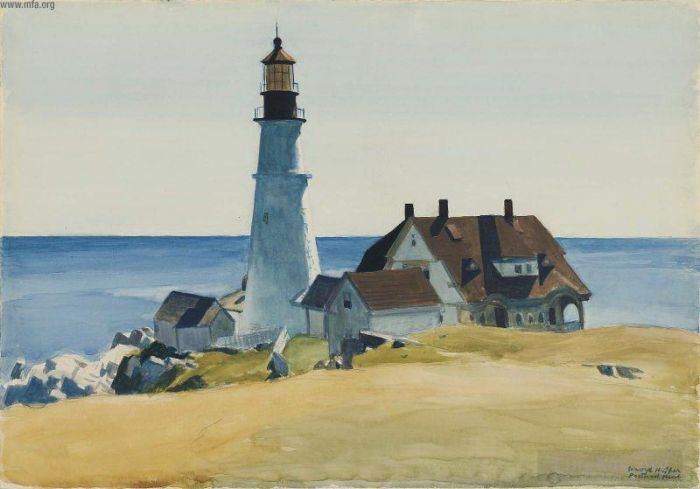 爱德华·霍普 当代各类绘画作品 -  《灯塔和建筑物波特兰角伊丽莎白缅因州,1927》