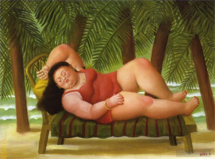 费尔南多·波特罗 当代油画作品 -  《海滩上的沐浴者》