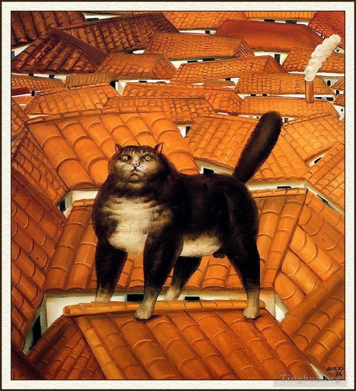 费尔南多·波特罗 当代油画作品 -  《屋顶上的猫》