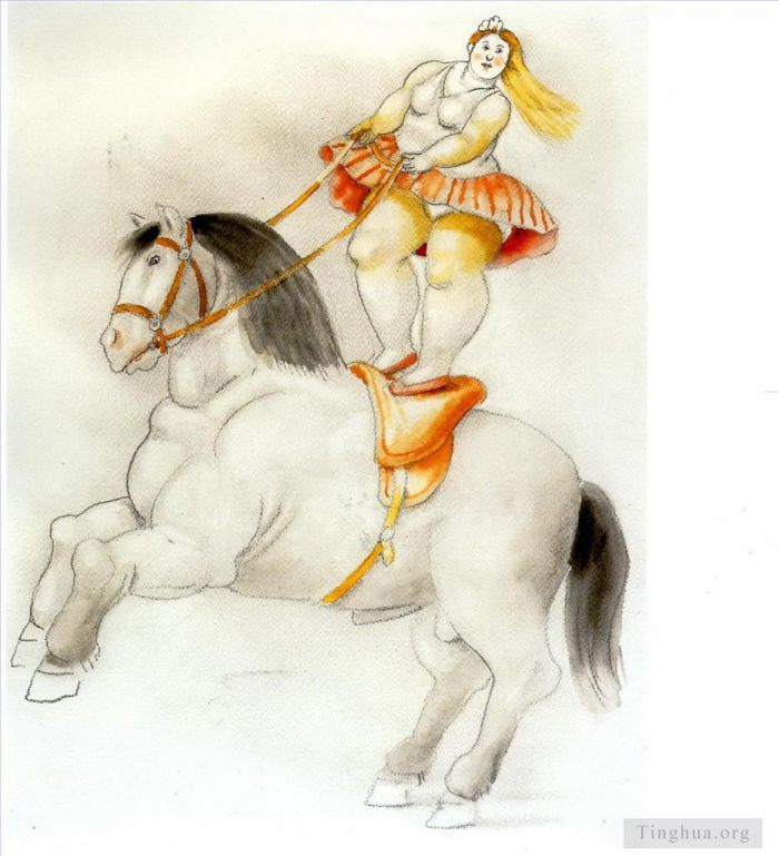 费尔南多·波特罗 当代油画作品 -  《马戏团的女人骑着马》