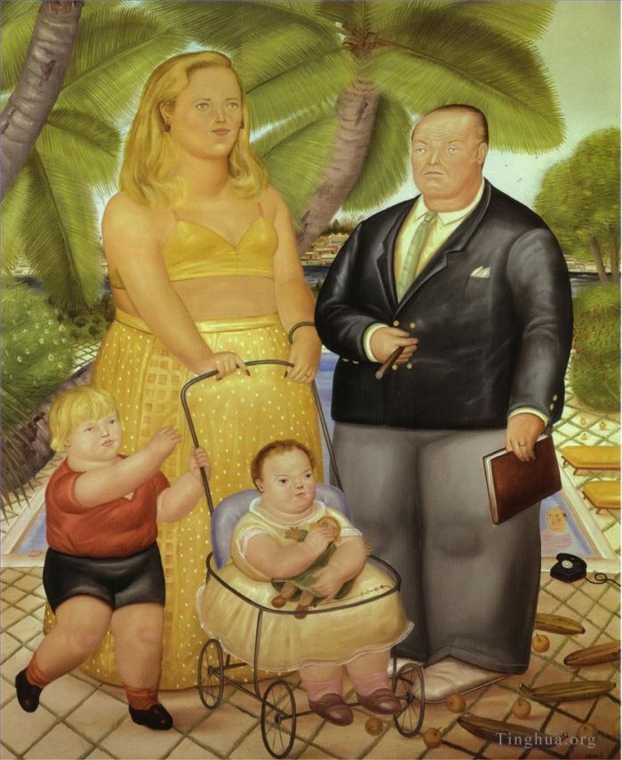 费尔南多·波特罗 当代油画作品 -  《弗兰克·劳埃德和他的家人在天堂岛》