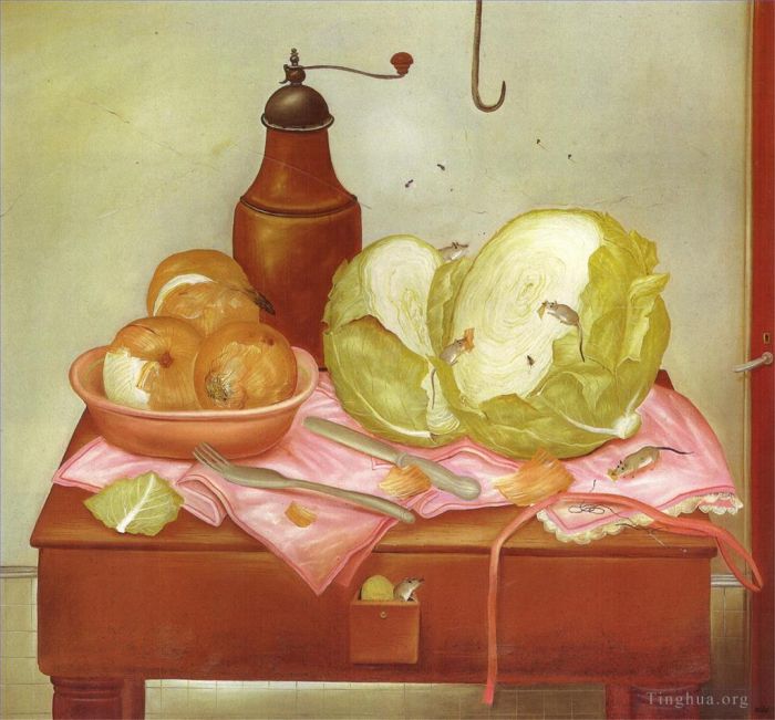 费尔南多·波特罗 当代油画作品 -  《厨房的桌子》