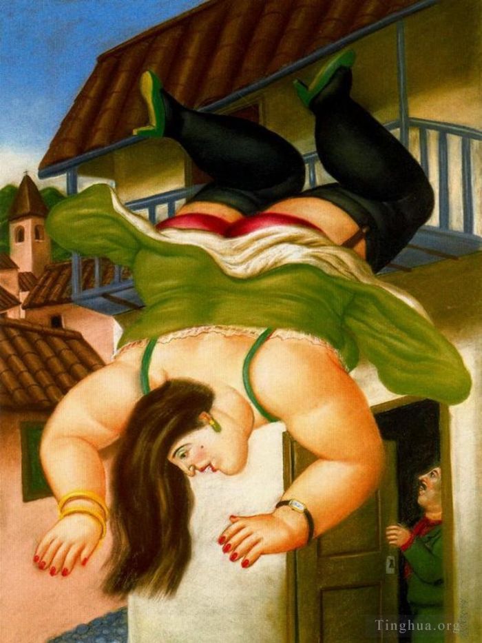 费尔南多·波特罗 当代油画作品 -  《阳台上的女人》