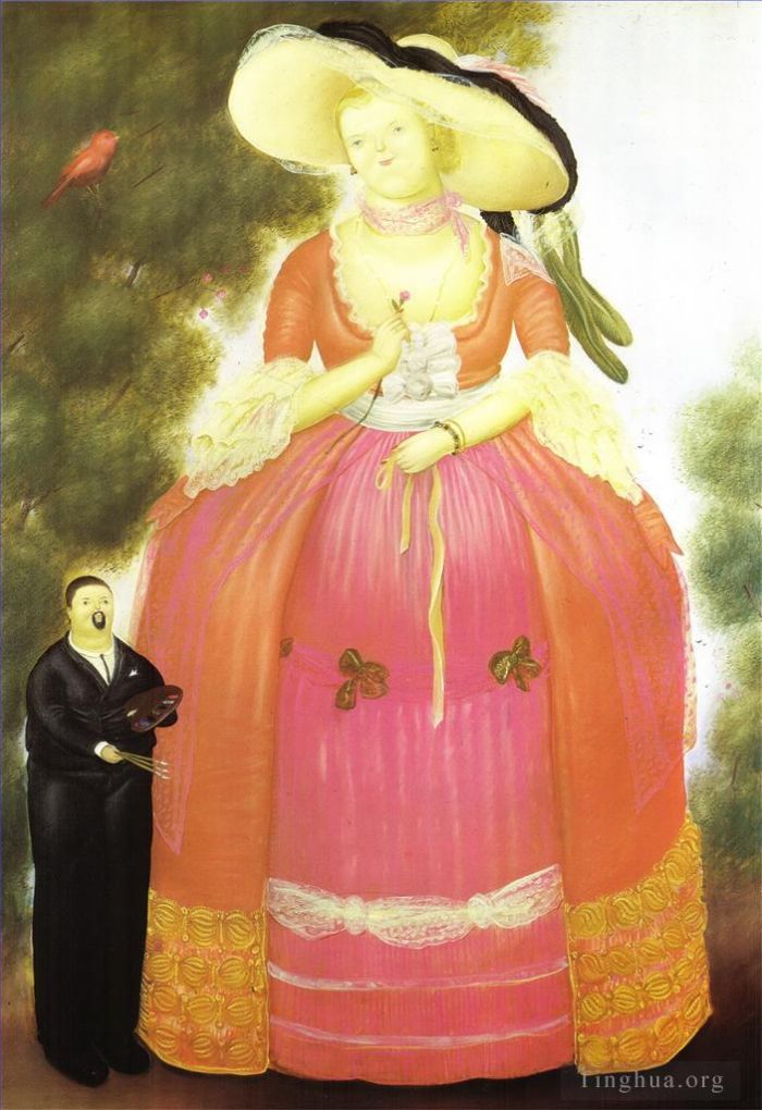 费尔南多·波特罗 当代油画作品 -  《与蓬巴杜夫人的自画像》