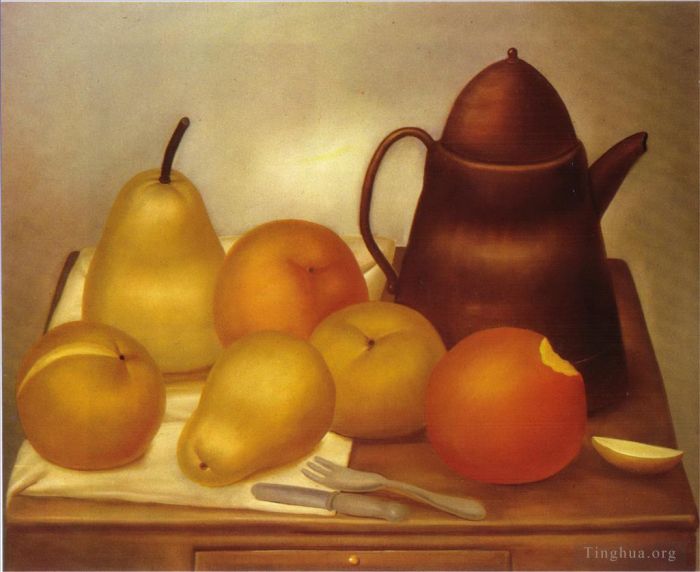费尔南多·波特罗 当代油画作品 -  《静物与咖啡壶》