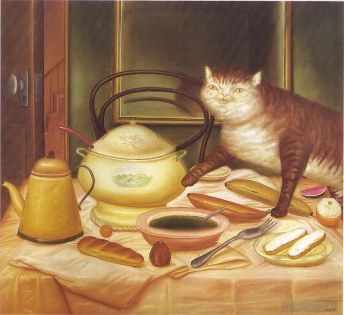 费尔南多·波特罗 当代油画作品 -  《静物与绿汤》