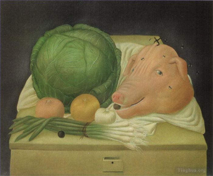 费尔南多·波特罗 当代油画作品 -  《有猪头的静物》