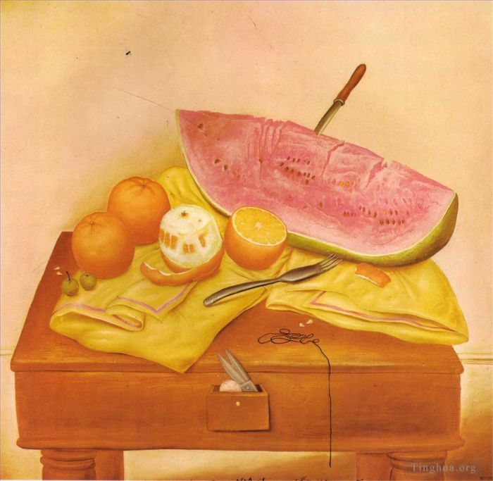 费尔南多·波特罗 当代油画作品 -  《西瓜和橙子》