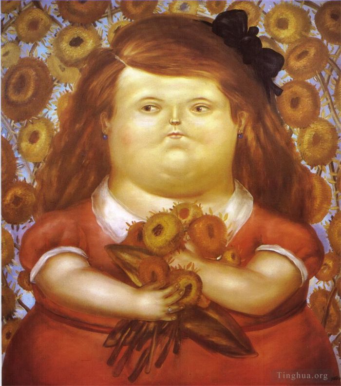 费尔南多·波特罗 当代油画作品 -  《女人与花》