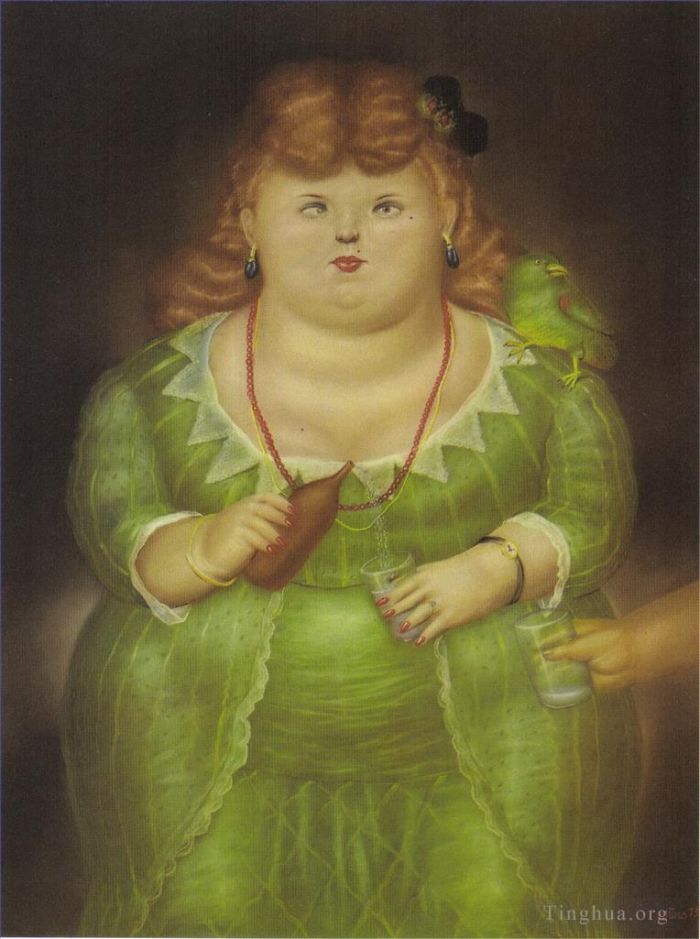 费尔南多·波特罗 当代油画作品 -  《有鹦鹉的女人》
