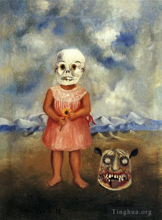 弗里达·卡罗 当代油画作品 -  《带着死亡面具的女孩独自玩耍》