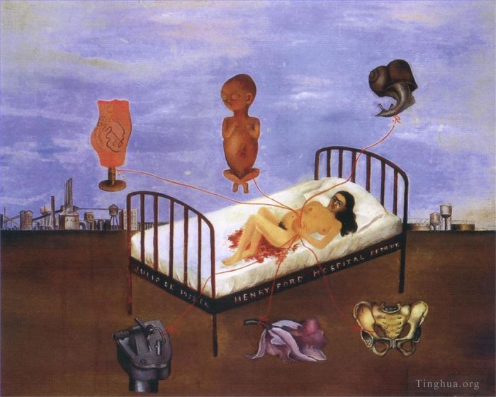 弗里达·卡罗 当代油画作品 -  《亨利福特医院飞行床》