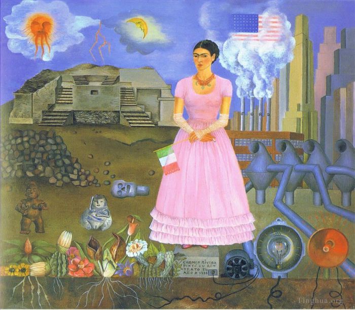 弗里达·卡罗 当代油画作品 -  《墨西哥和美国边境的自画像》