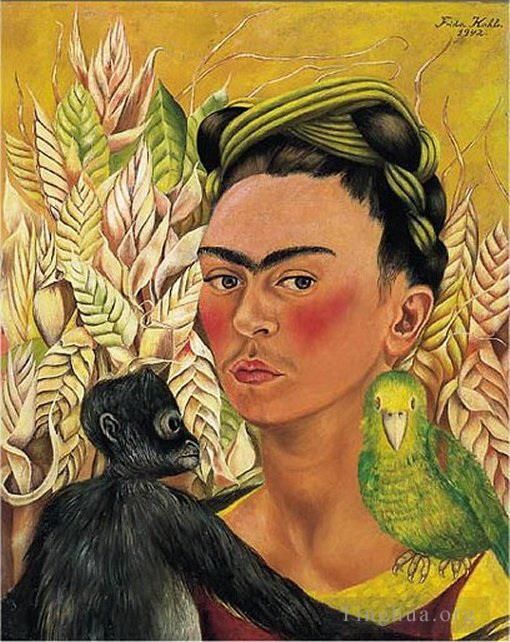 弗里达·卡罗 当代油画作品 -  《与猴子和鹦鹉的自画像》
