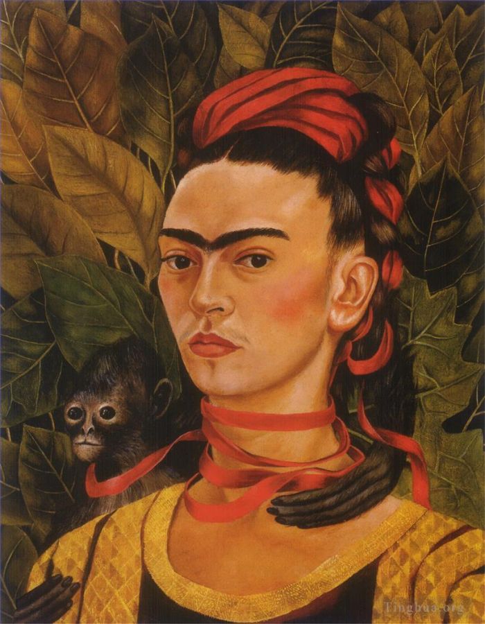 弗里达·卡罗 当代油画作品 -  《与猴子的自画像》