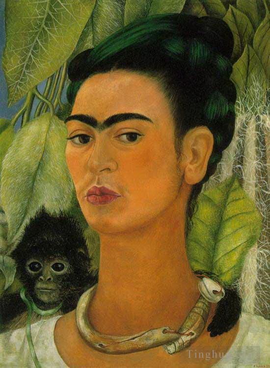弗里达·卡罗 当代油画作品 -  《与猴子的自画像》