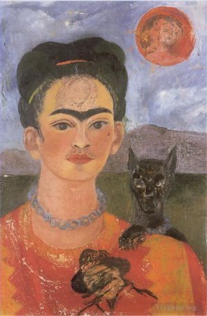 弗里达·卡罗的当代艺术作品《胸前有迭戈肖像,眉间有玛丽亚肖像的自画像》