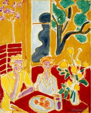 亨利·马蒂斯的当代艺术作品《双鱼片喜欢黄与红,两个女孩在黄色和红色的室内,1947》