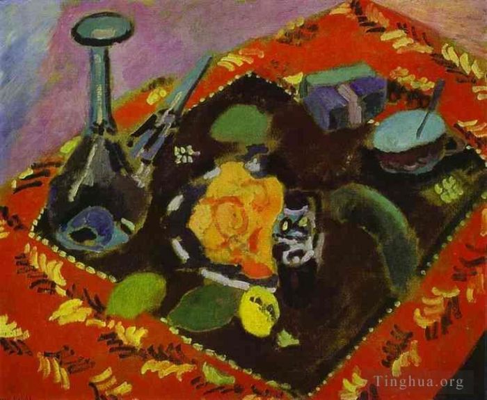 亨利·马蒂斯 当代各类绘画作品 -  《红黑地毯上的菜肴和水果,1906》
