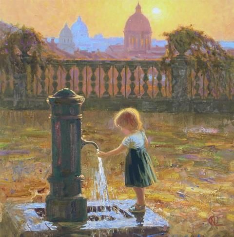 考玛诺娃·埃琳娜 当代油画作品 -  《喷泉附近的女孩》