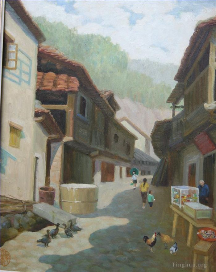 李嘉辉 当代油画作品 -  《古镇小街》
