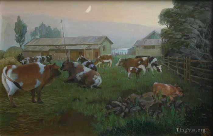 李嘉辉 当代油画作品 -  《暮色下的牧场》
