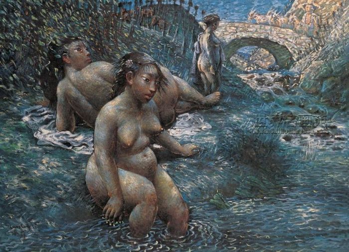 罗中立 当代油画作品 -  《石桥边的沐浴》