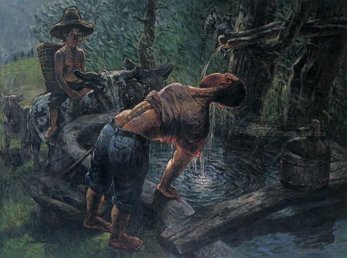 罗中立 当代油画作品 -  《喝农夫的水》