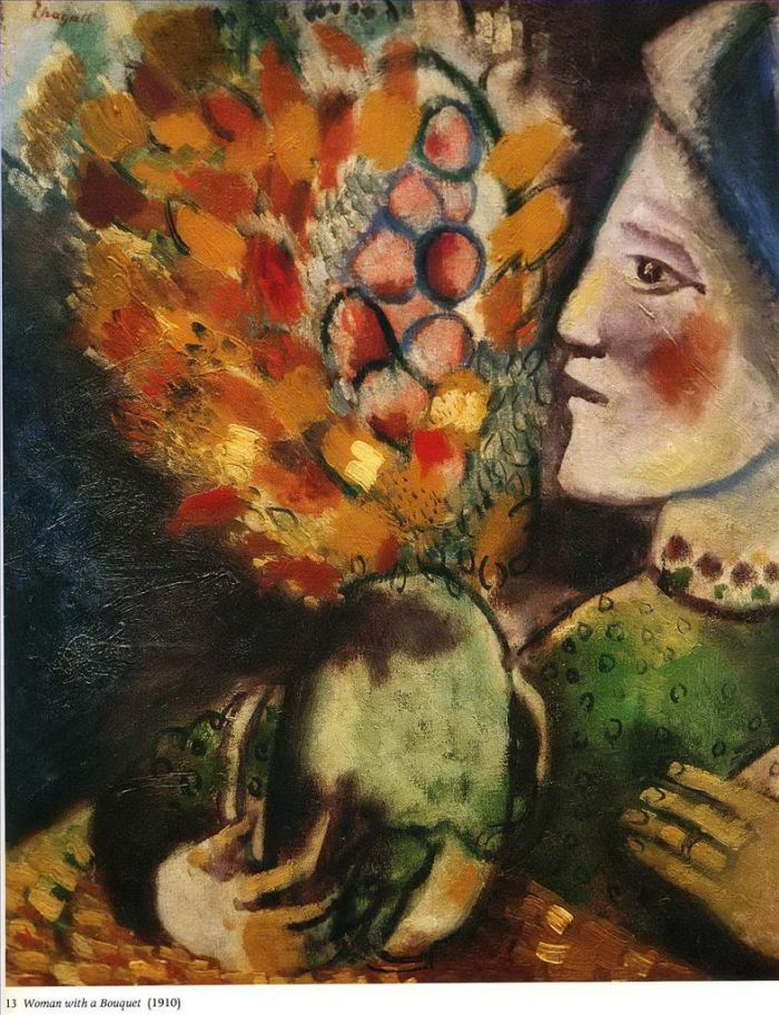 马克·夏加尔 当代油画作品 -  《拿着花束的女人》