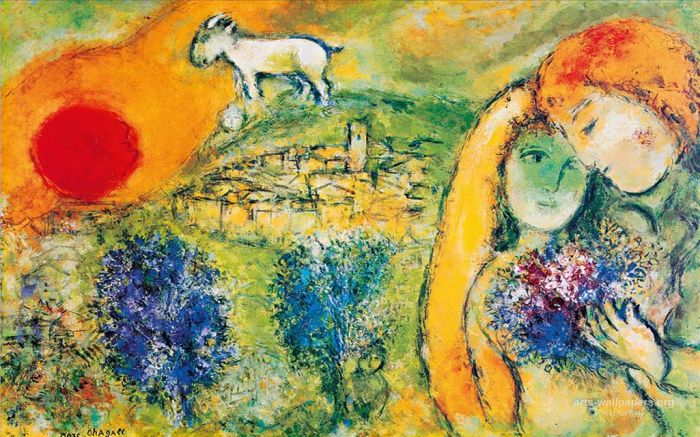 马克·夏加尔 当代油画作品 -  《阳光下的恋人》