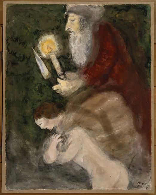 马克·夏加尔 当代各类绘画作品 -  《亚伯拉罕和以撒在前往献祭之地的路上》