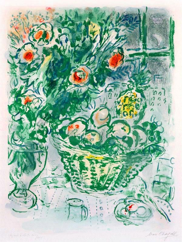 马克·夏加尔 当代各类绘画作品 -  《一篮子水果和菠萝彩色石版画》